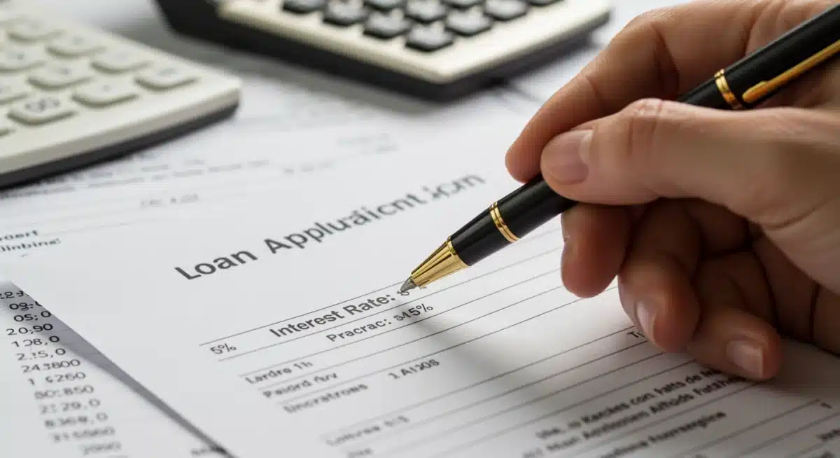 Hand pointing to 5% interest rate on a 2025 small business loan application