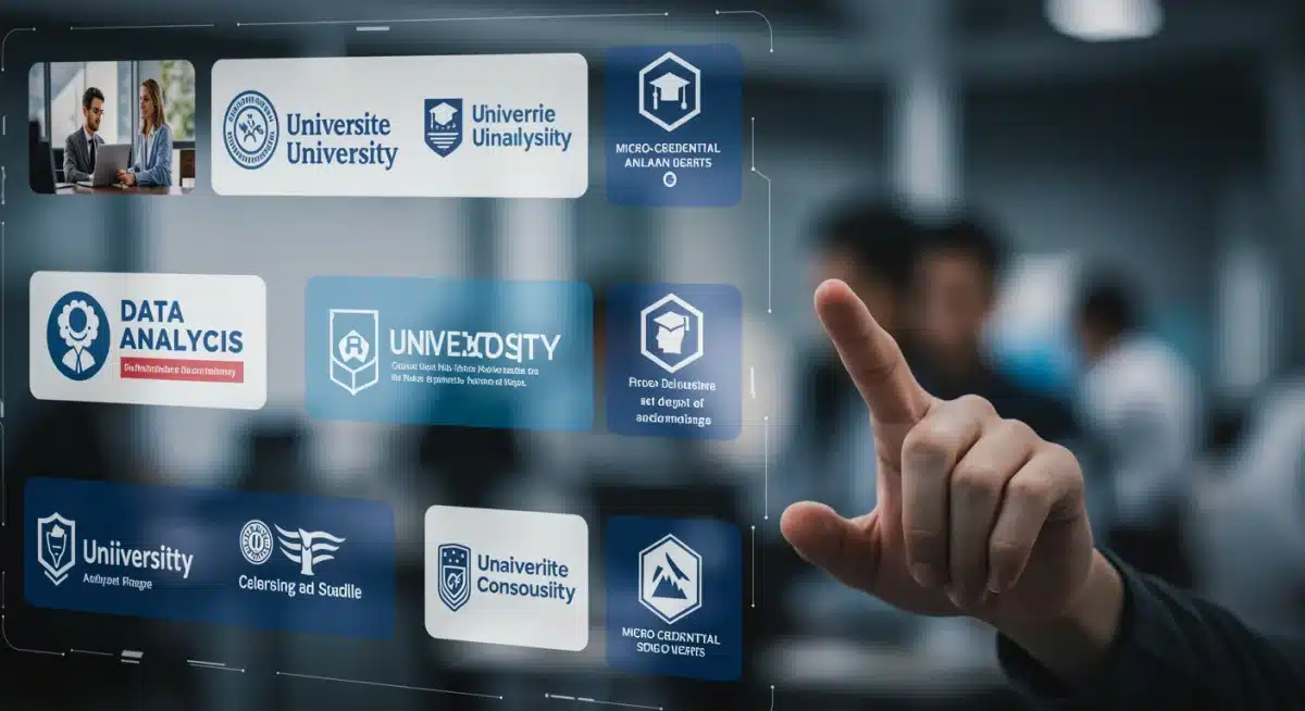 Digital display of diverse micro-credential badges from US universities