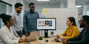 Diverse employees discussing voluntary benefits options in a modern office