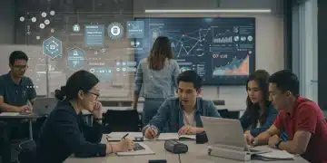 Students engaging in collaborative learning, surrounded by micro-credential badges and job market data