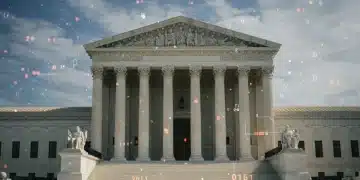 Supreme Court building with digital data overlay, symbolizing digital privacy case