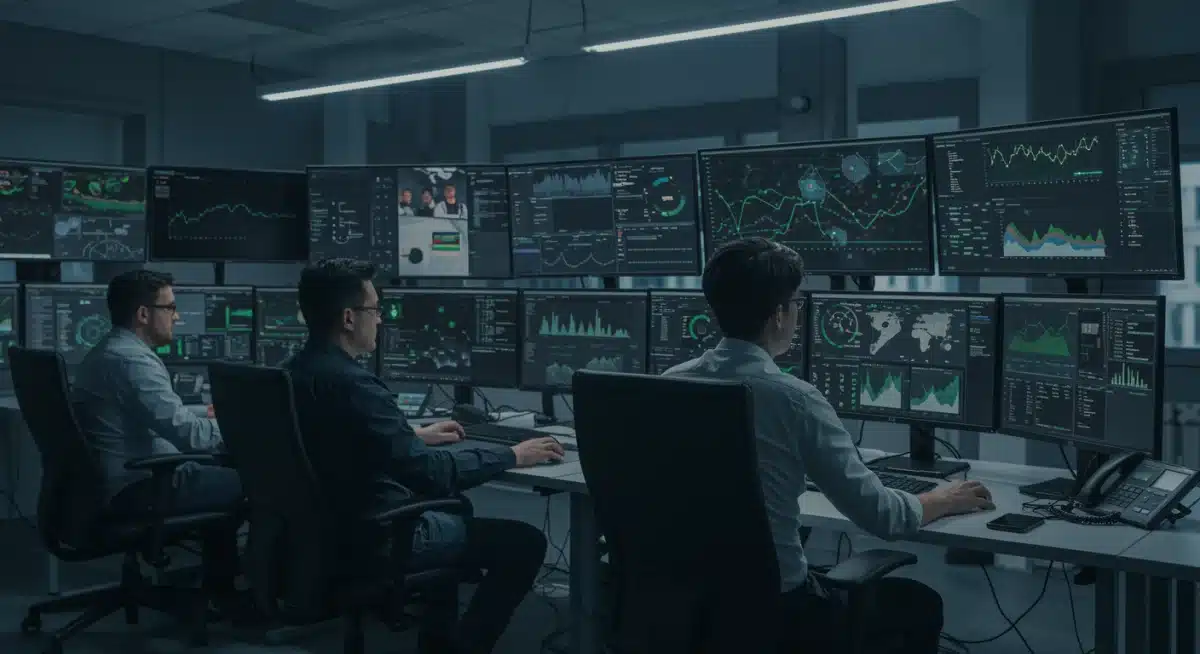 Cybersecurity professionals monitoring network security in a control room.