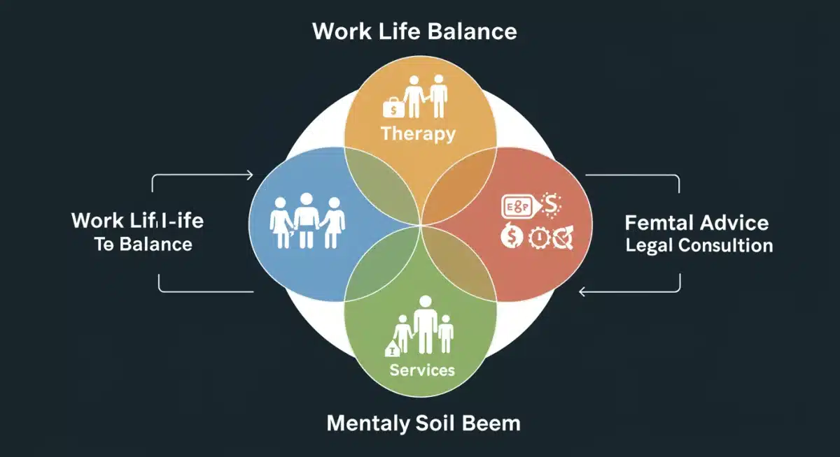 Venn diagram showing EAP services at the intersection of work-life balance and mental well-being, highlighting comprehensive support.