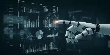 Futuristic interface showing investment charts and a robot hand, representing robo-advisors for small investments.