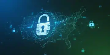 Digital padlock over US map, symbolizing national cybersecurity initiatives.