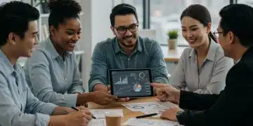 Employees discussing financial plans with an advisor in a modern office