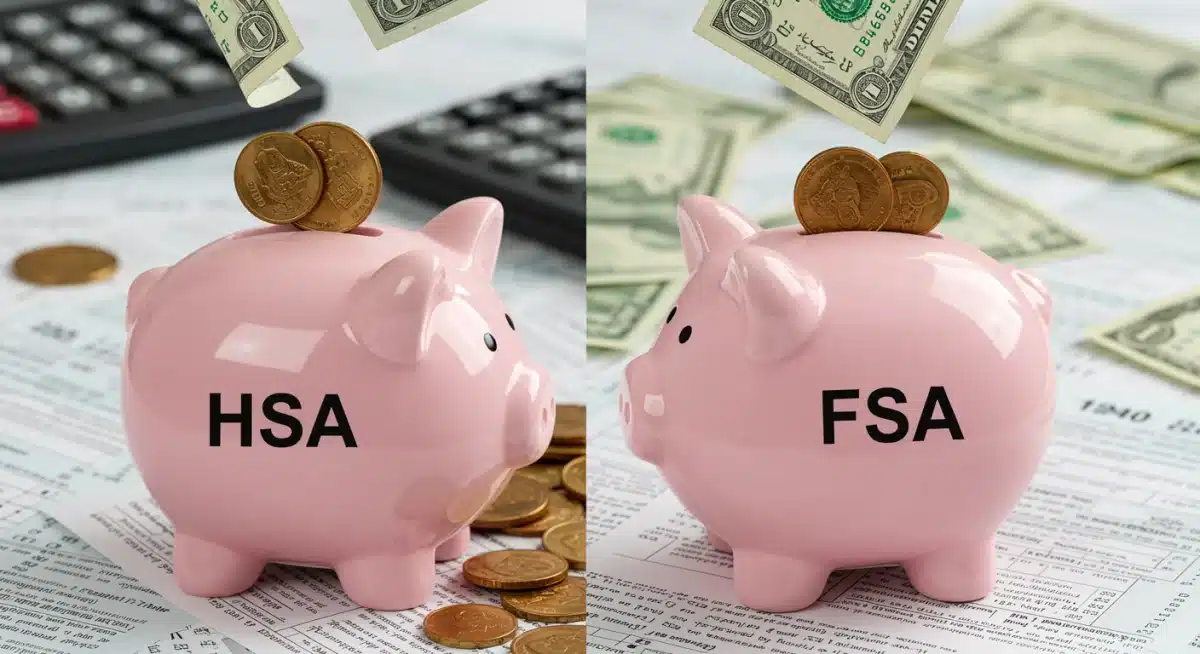 Visual representation comparing and contrasting Health Savings Accounts (HSA) and Flexible Spending Accounts (FSA) with money flowing into each.