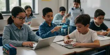 Students learning with AI in a modern K-12 classroom setting
