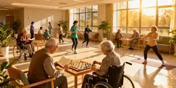 Seniors and caregivers in a modern long-term care facility, emphasizing comfort and community