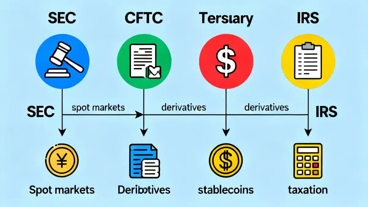 Diagram showing the interplay of U.S. regulatory bodies in cryptocurrency oversight.