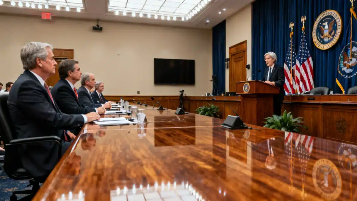Congressional hearing in session, members of Congress debating policy.