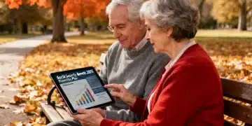 Elderly couple reviewing 2025 Social Security COLA financial impact on tablet