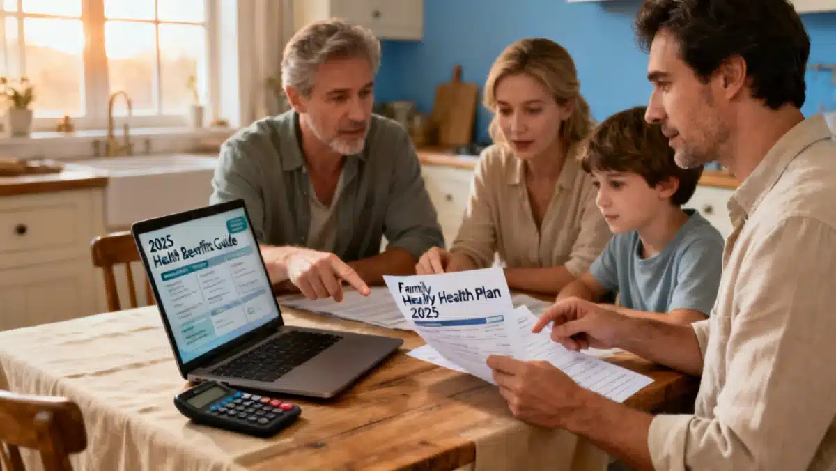 Family reviewing health insurance documents at home