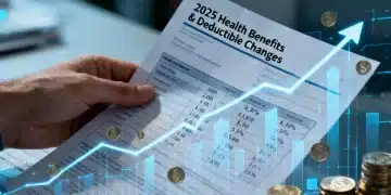 Hand holding health benefits statement with rising financial graphics