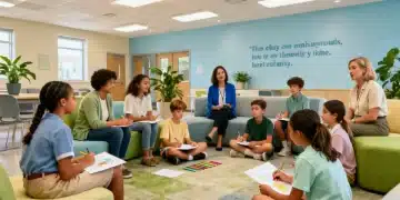 Students and staff collaborating on mental health initiatives in a US K-12 school.