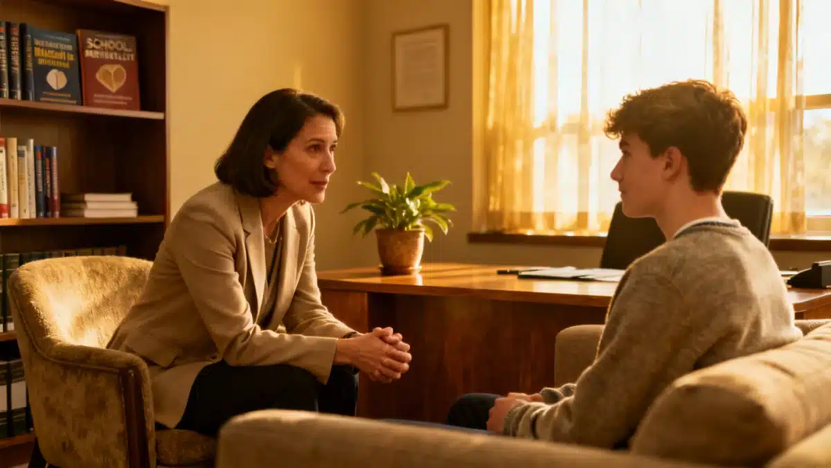 School counselor providing mental health support to a student.