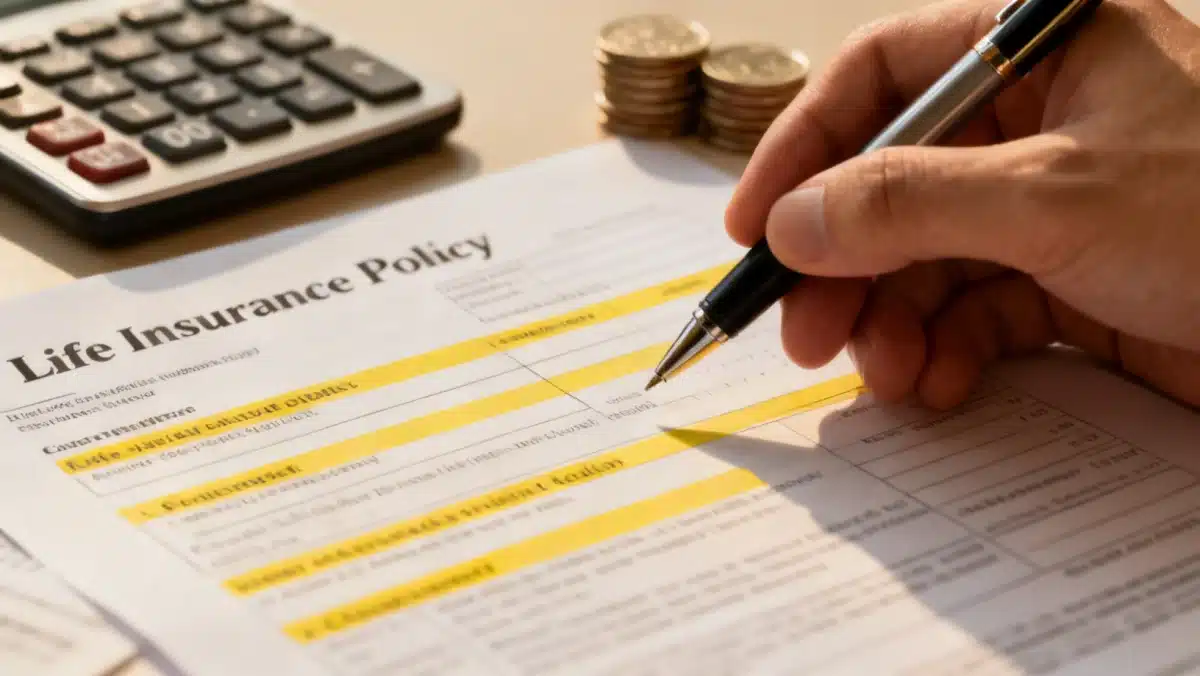 Person analyzing life insurance policy details with a pen and calculator
