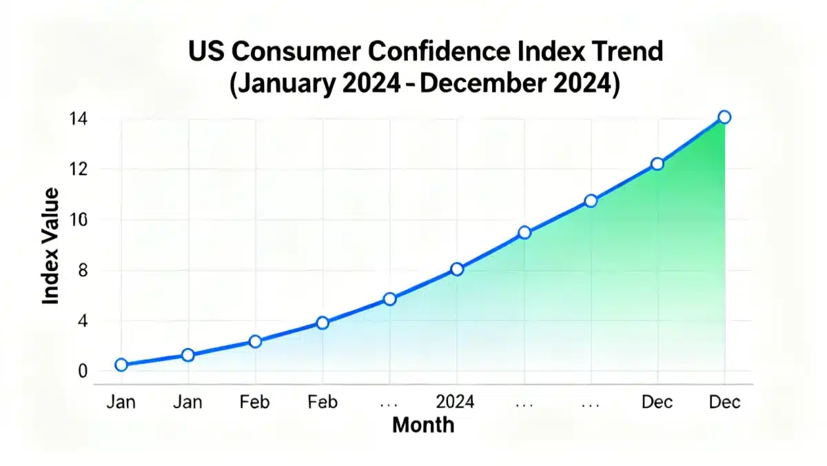 Chart showing the upward trend of US consumer confidence index over the last year, peaking in December 2024