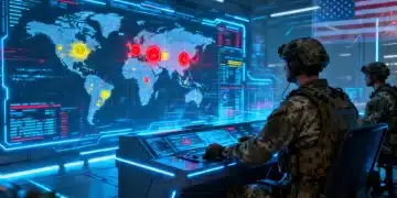 Cybersecurity operations center with global threat indicators and military personnel.