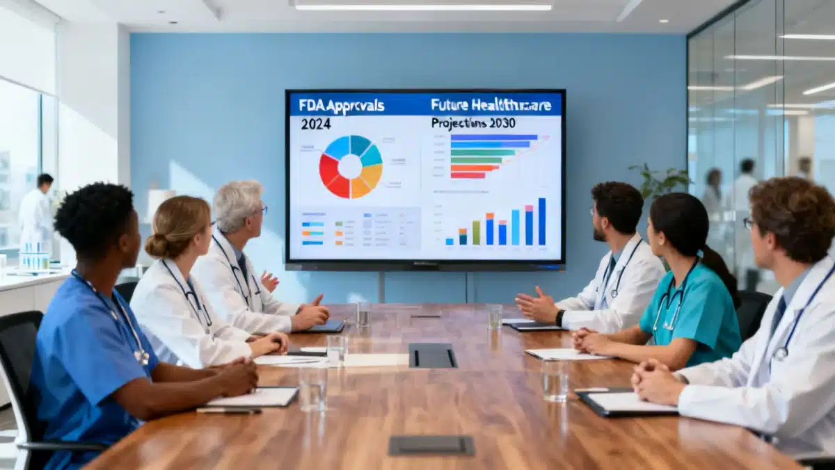 Medical professionals discussing FDA approvals and future healthcare projections in a modern conference room.