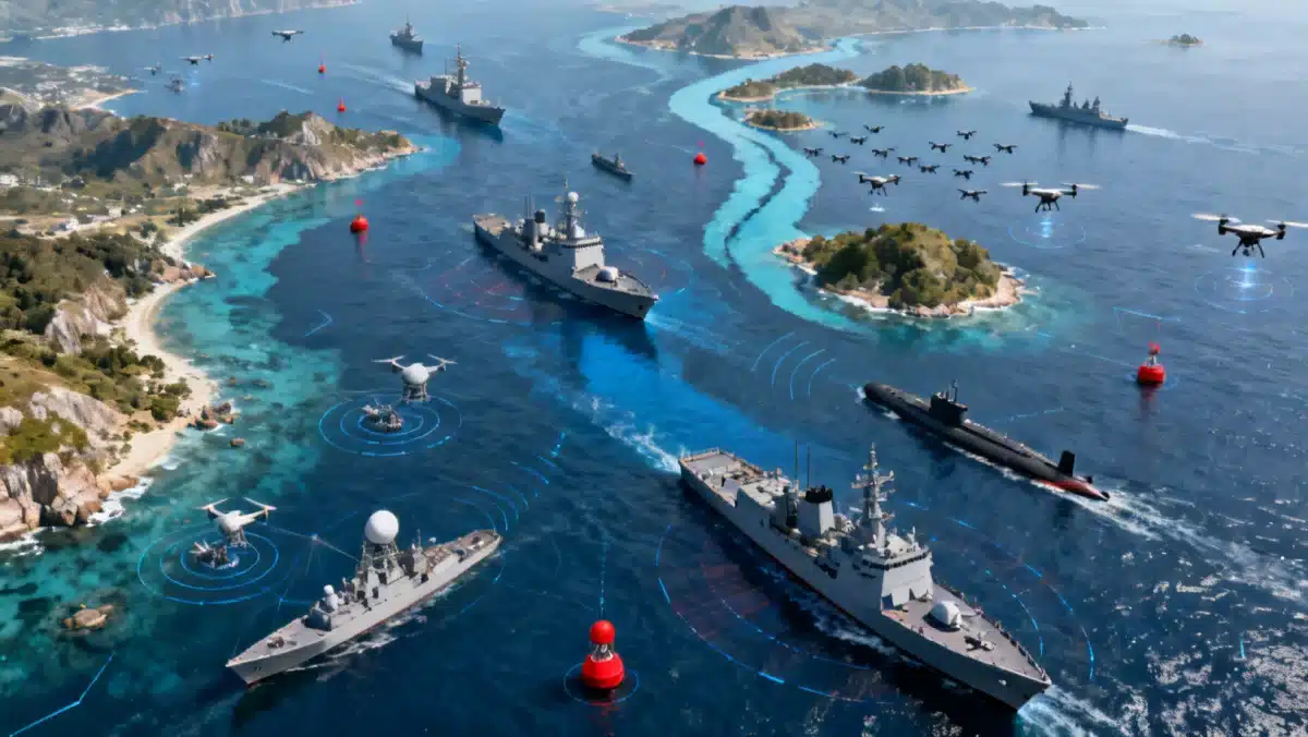 Satellite view of naval vessels in a contested maritime region.