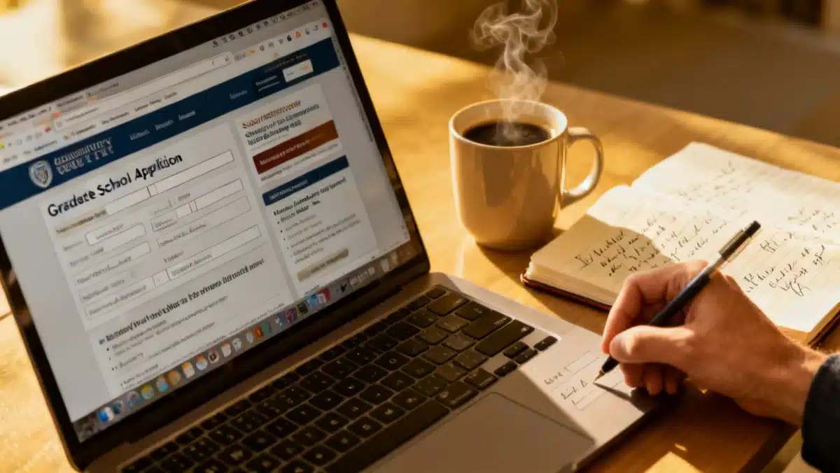 Hand filling out online graduate school application form
