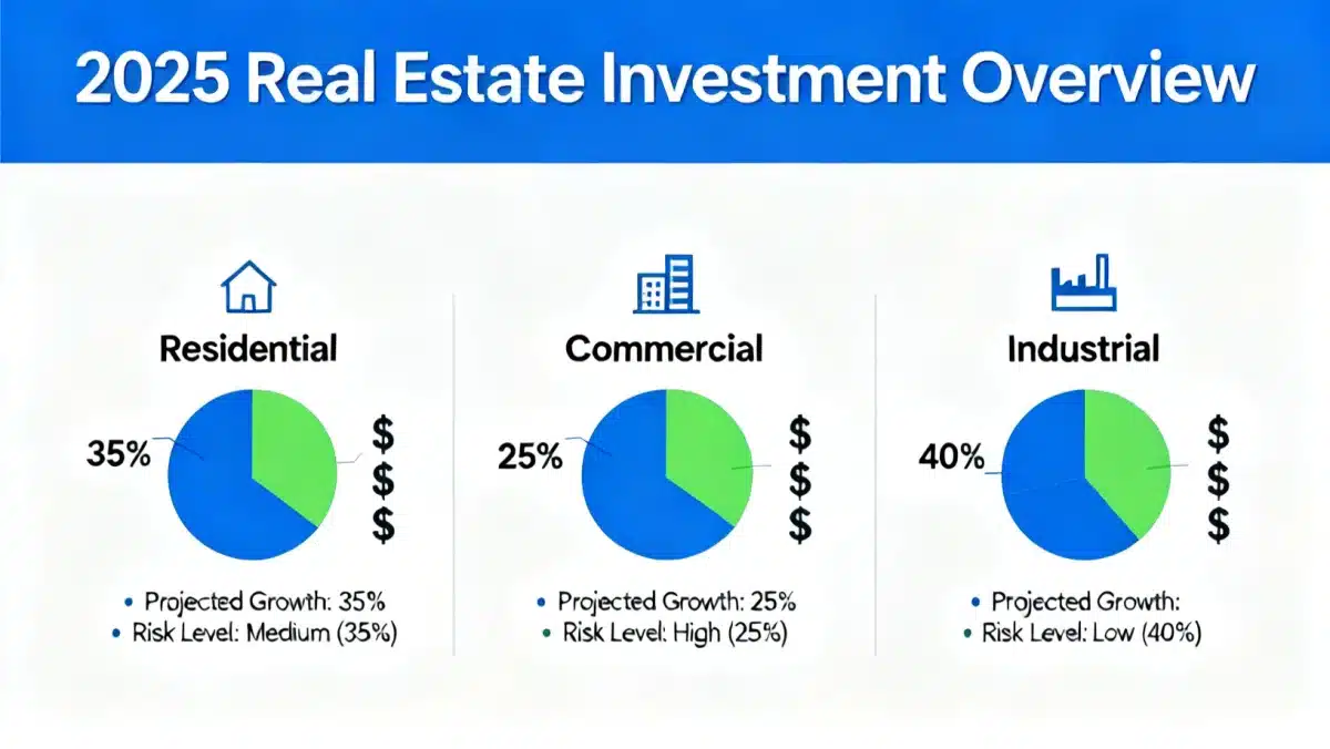 Infographic detailing diverse real estate investment types and their projected performance in 2025.