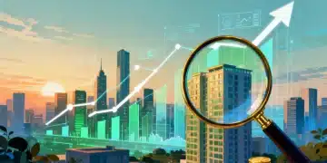 Modern cityscape with financial charts indicating real estate growth and investment opportunities for 2025.