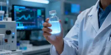 Scientist holding a vial of new breakthrough therapy liquid in a laboratory setting.