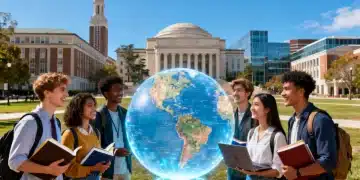 Students discussing graduate school applications with a globe backdrop