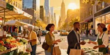 Diverse consumers smiling, shopping, and expressing optimism about the US economy in December 2024