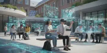 Students engaging with online learning platforms and virtual reality in a modern university setting, representing the future of US higher education.