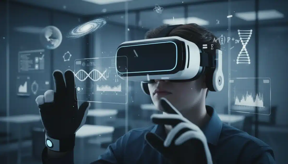 Student using a virtual reality headset for immersive online learning, showcasing advanced educational technology.
