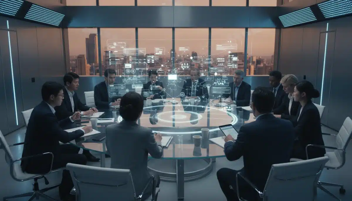 Professionals discussing AI regulatory frameworks and compliance in a modern conference room.