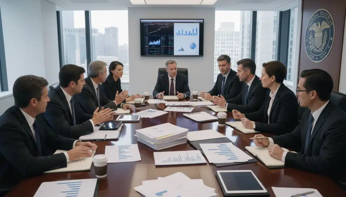 Financial experts analyzing economic data during a Federal Reserve meeting