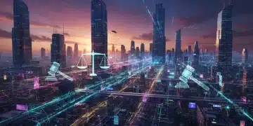 Futuristic cityscape with data lines and legal symbols representing AI legislation's impact on the US tech sector.