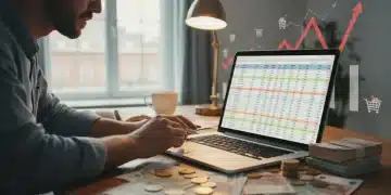 Person analyzing budget spreadsheet with coins and bills, reflecting inflation's impact
