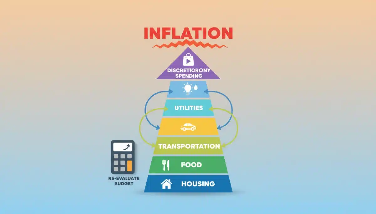 Graphic showing rising household expenses due to inflation, with categories like housing, food, and transport