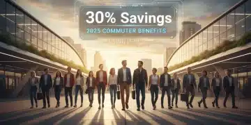 Smiling commuters heading to a modern transit station, symbolizing savings and efficiency in 2025 commute.