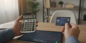 Person calculating debt reduction with credit card and financial charts