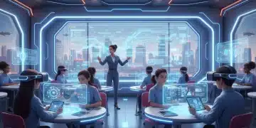 Students using cutting-edge EdTech in a modern 2025 classroom