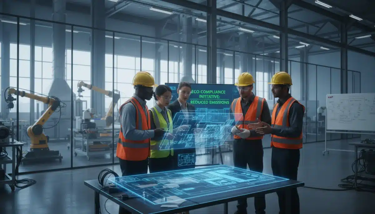 Engineers collaborating on green manufacturing solutions