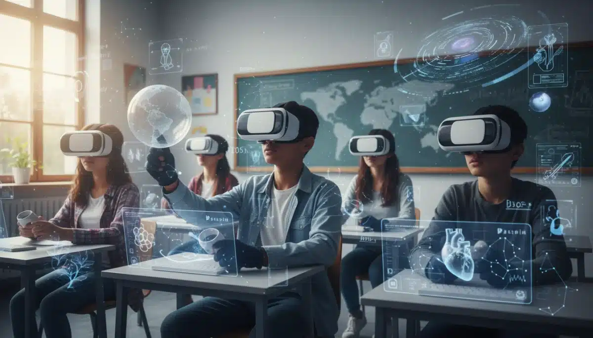 Students immersed in virtual reality learning experience