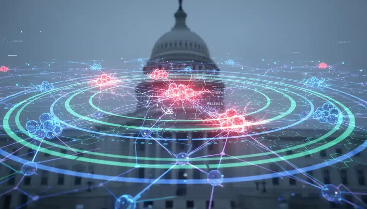 Diagram showing compromised federal data systems with red highlighted nodes in a complex network.