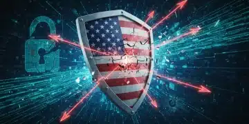 Illustration of federal data breach, showing a digital shield with US flag being compromised by red cyberattack vectors.